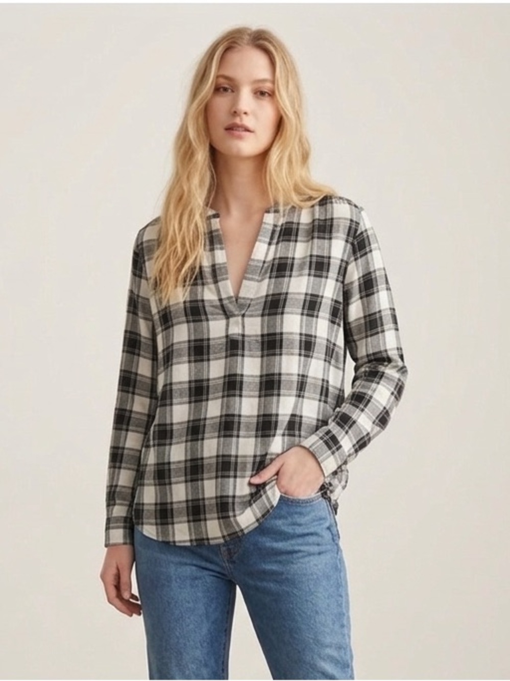 NWT Gap Flannel Shirt Black White Pink V Neck Long Sleeve XL